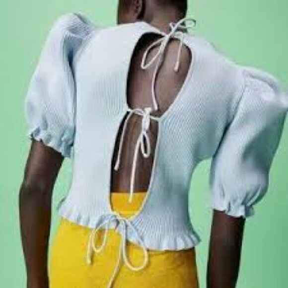 Zara baby blue cropped ribbed knit puff sleeve open back top - Picture 1 of 11